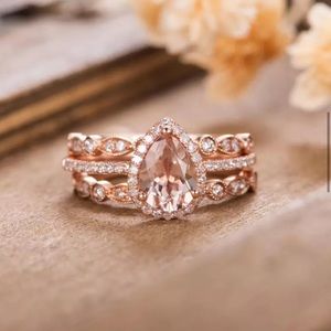 3pcs/Set Fashion Water Drop Cubic Zirconia Ring Rose Gold Champagne Crystal